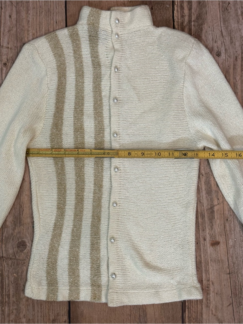 Vintage Funnel Neck Striped Button Up Cardigan Sweater Cream silk/angora - Picture 9 of 10